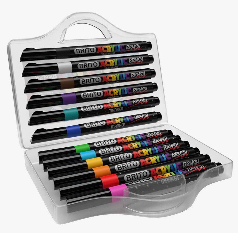 Mercury Brito Acrylic Brush Marker Set – Premium 12 Vibrant Colors | Waterproof Paint Markers for Canvas, Wood, Glass, Ceramic & DIY Art Projects Royal Stationery Mart