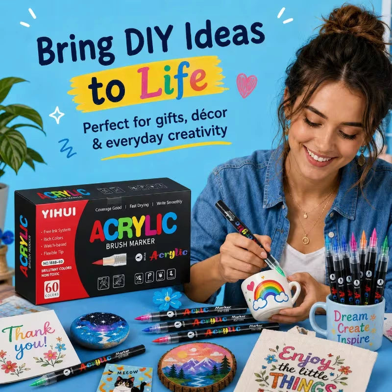 Acrylic Brush Tip Paint Markers | Paint Markers| Works on Paper, Wood, Canvas, Glass, Timber, Ceramic, Stone & Plastic | Flexible Brush Tip |Yihui Markers| Non-Toxic | High Pigmented Royal Stationery Mart