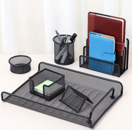 Metal Mesh Desk Organizer Set | Office Desk Accessories Kit with File Holder, Pen Stand, Tray, Note Holder & Clips Cup | Durable Black Desktop Organizer for Home, Office & Study Table | DGG Company Desk Organizer 6 Pcs