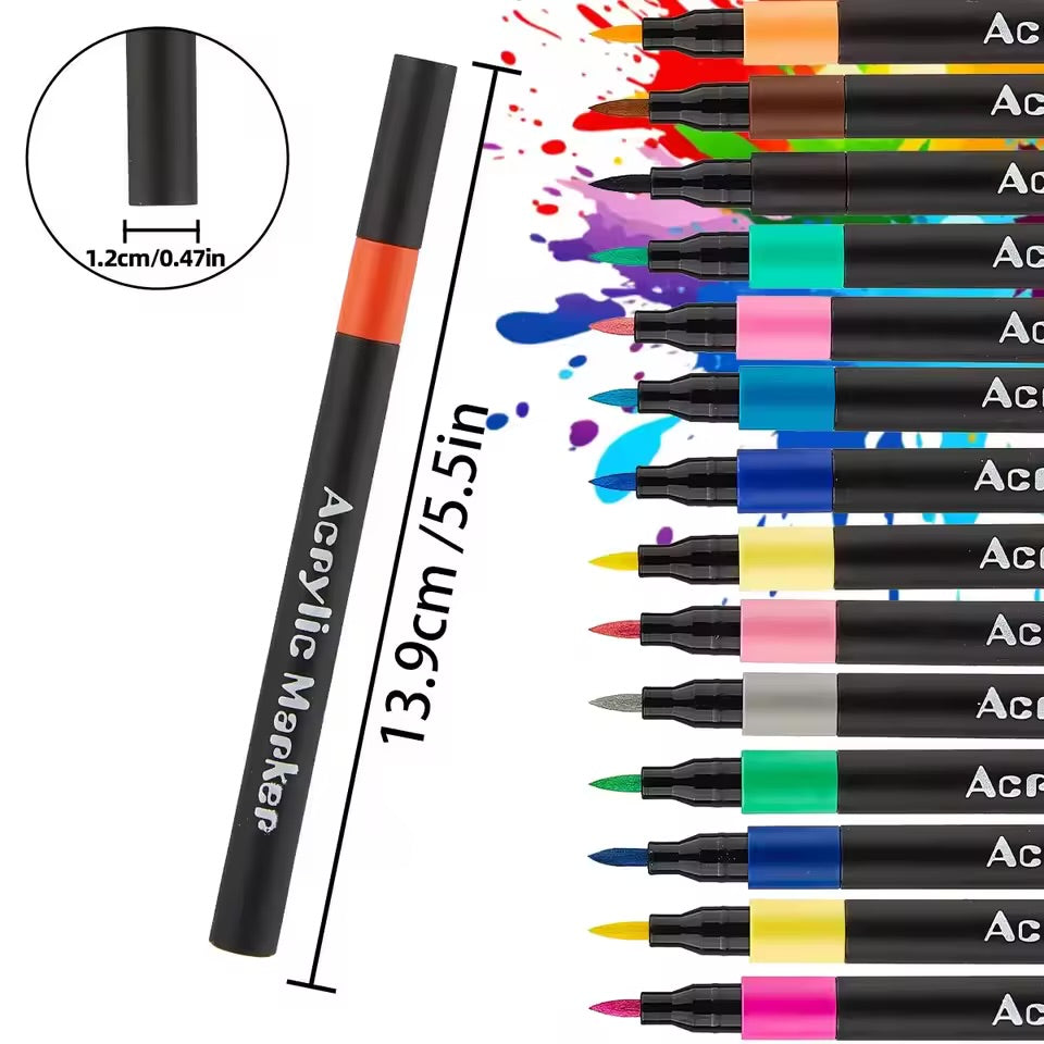 24 Colour Acrylic Paint Markers Set | Single Tip Waterproof Quick Dry Acrylic Pens for Canvas, Rock Painting, Wood, Glass, Ceramic & DIY Crafts