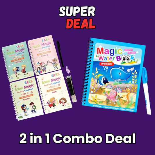Magic Sank Book 4 Pcs Set + Magic Water Book Combo Set For Kids | Sank Tracing Books with Stylus Pen, 10 Refills & Grip + Reusable Water Coloring Book | Educational Drawing & Activity