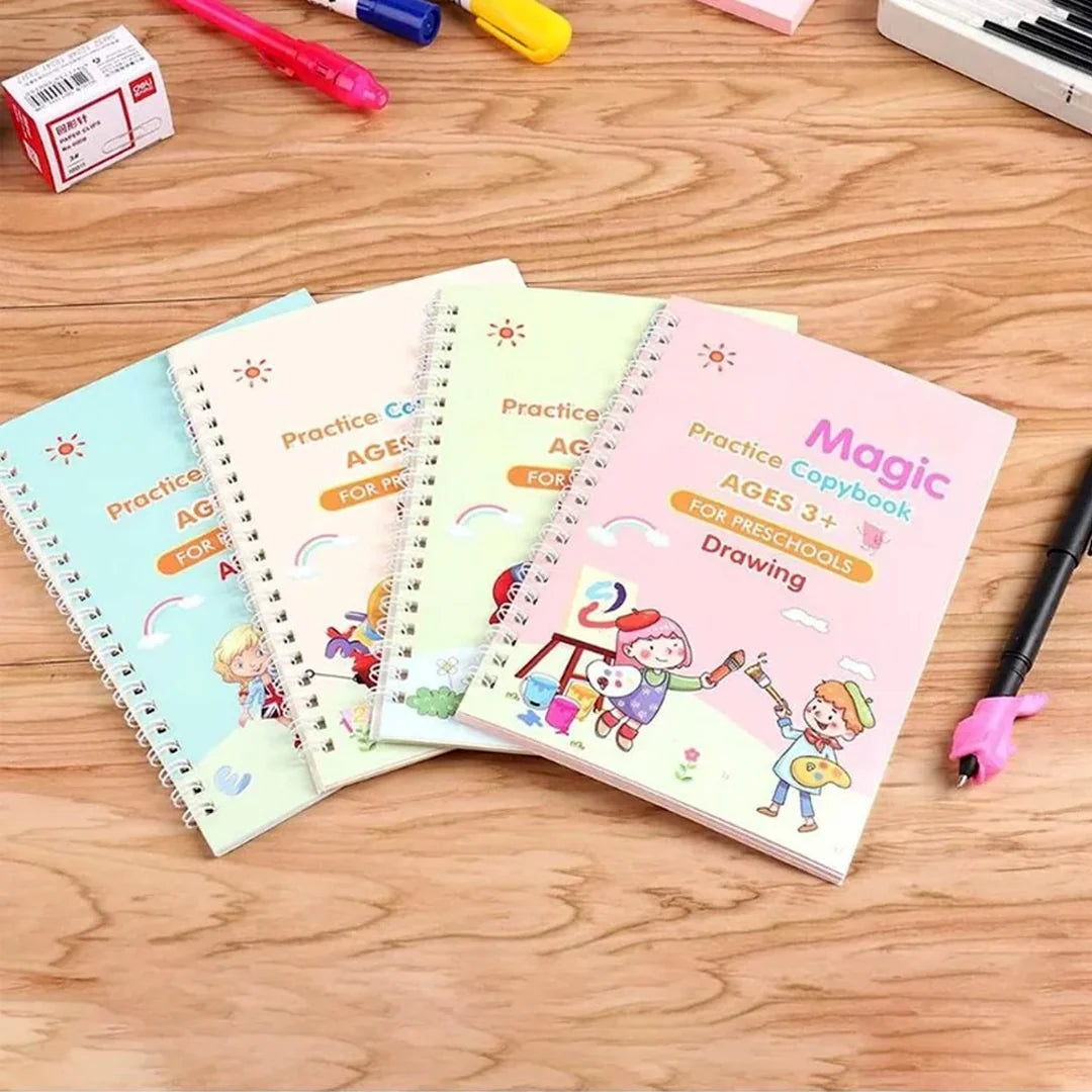 Magic Sank Book 4 Pcs Set + Magic Water Book Combo Set For Kids | Sank Tracing Books with Stylus Pen, 10 Refills & Grip + Reusable Water Coloring Book | Educational Drawing & Activity Royal Stationery Mart