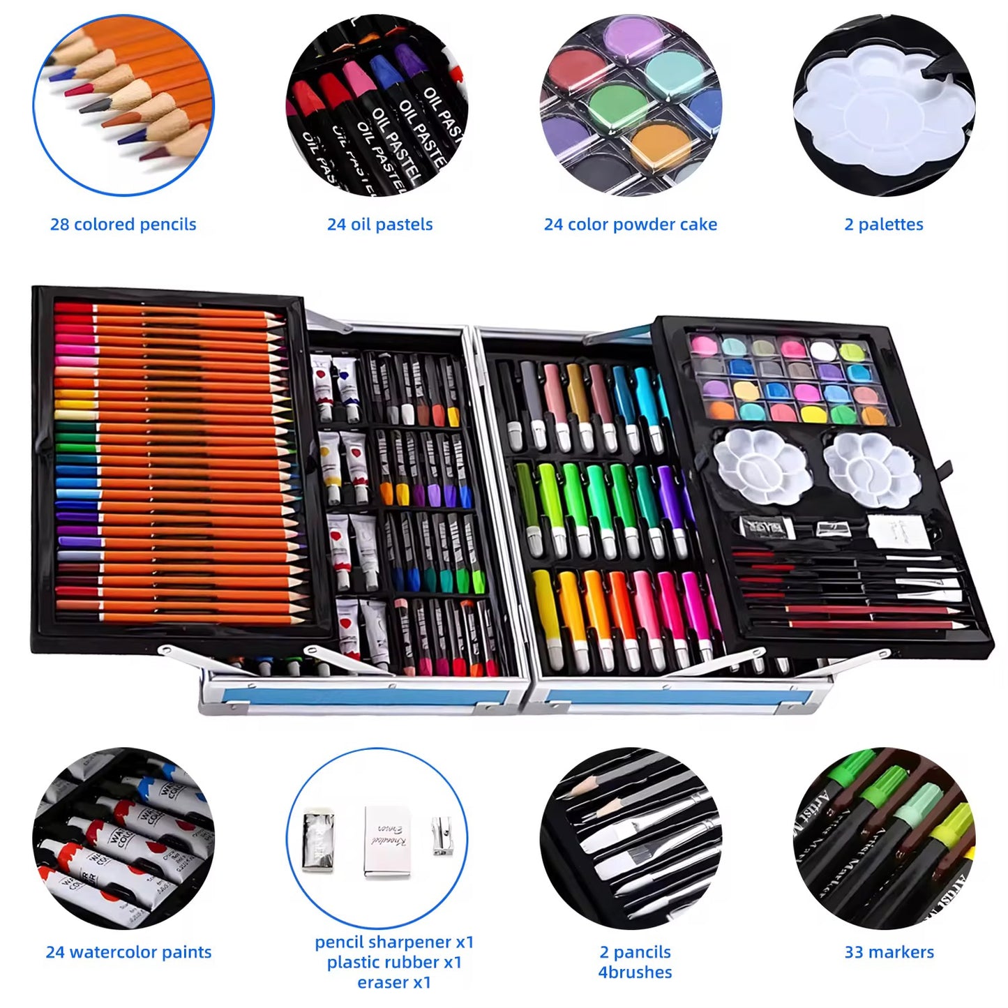 145 Pieces Suitcase Style Colouring Kit for Kids & Artists | Complete Art Set with Crayons, Markers, Colour Pencils, Watercolours & Drawing Accessories