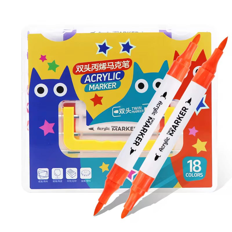 18 Colors Dual Tip Acrylic Marker Set – Premium Twin Tip Paint Markers for Drawing, Calligraphy, Rock Painting, Canvas, Wood, Glass & DIY Art Projects