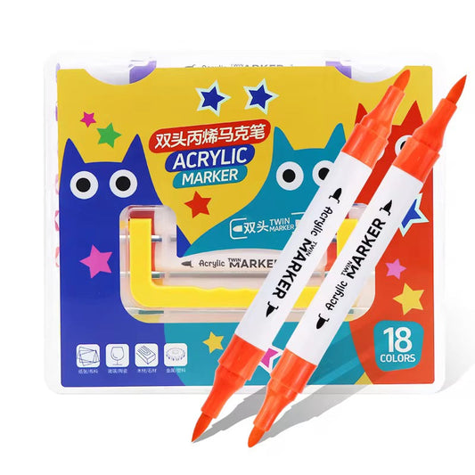 18 Colors Dual Tip Acrylic Marker Set – Premium Twin Tip Paint Markers for Drawing, Calligraphy, Rock Painting, Canvas, Wood, Glass & DIY Art Projects Royal Stationery Mart