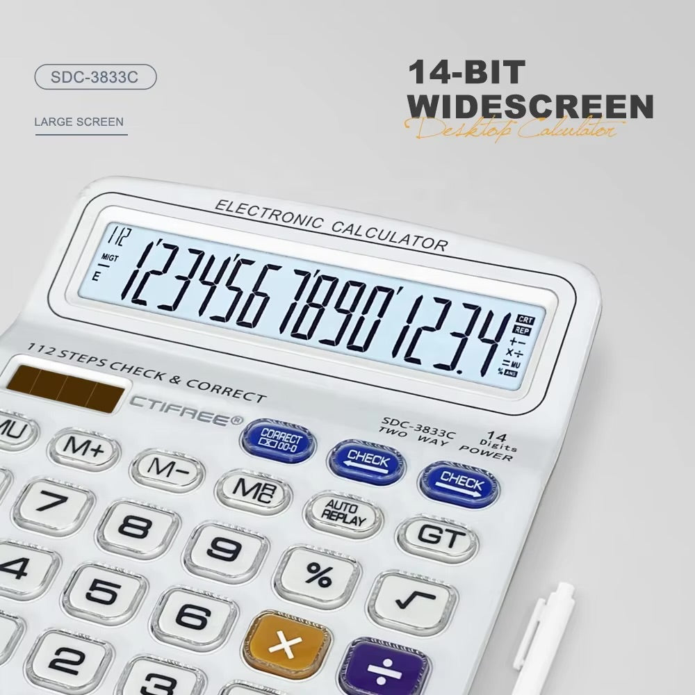 CTIFREE SDC-3833C Desktop Calculator Extra Large 14 Digit Display High Quality Office Calculator Dual Power Solar & Battery Check and Correct Function Heavy Duty Professional Calculator