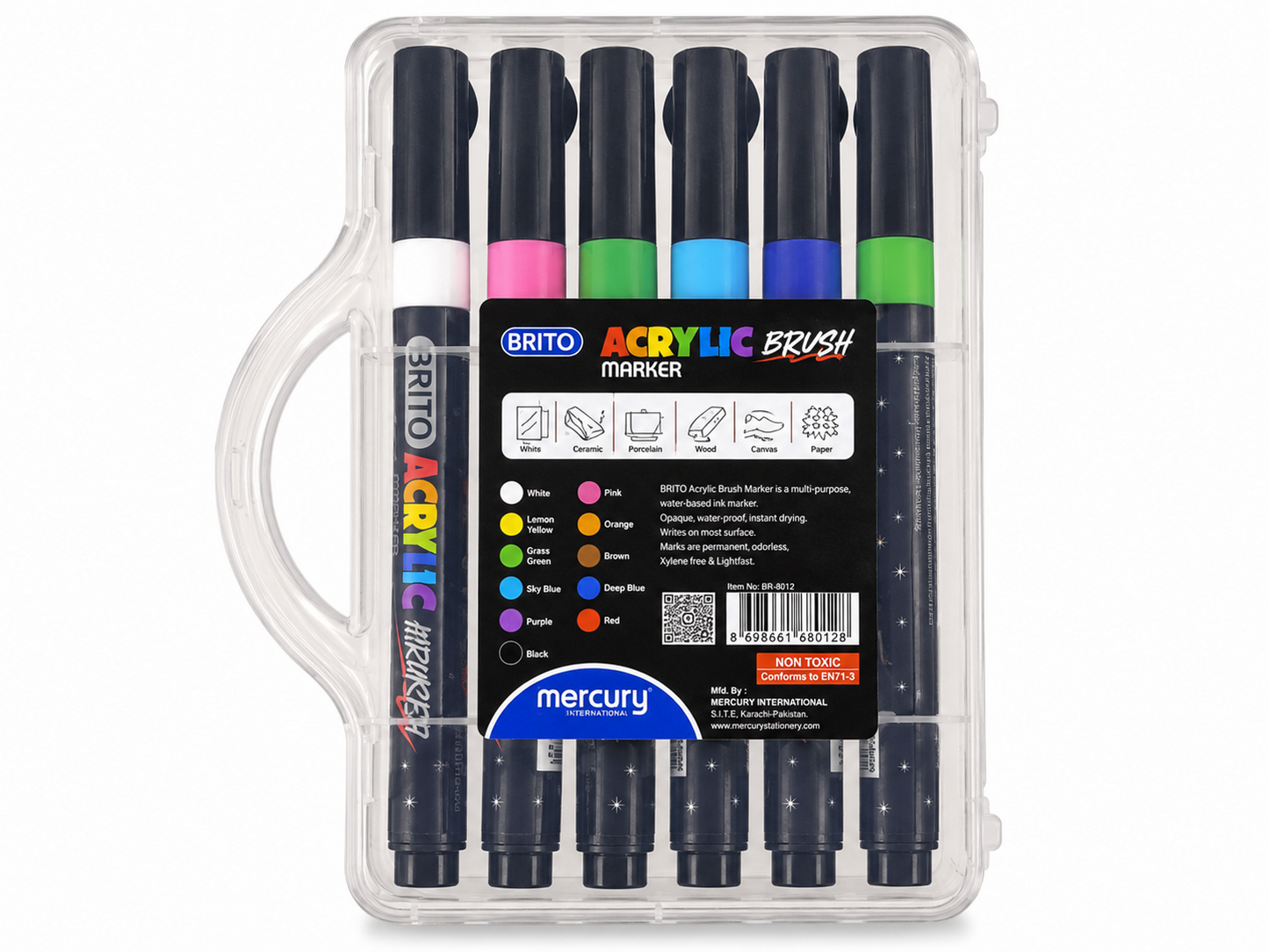 Mercury Brito Acrylic Brush Marker Set – Premium 12 Vibrant Colors | Waterproof Paint Markers for Canvas, Wood, Glass, Ceramic & DIY Art Projects