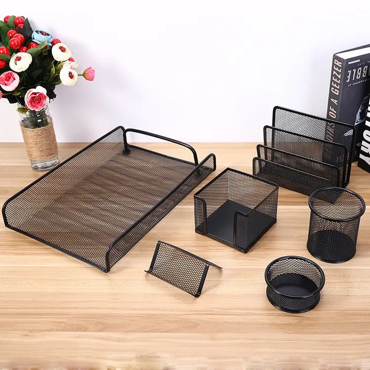 Metal Mesh Desk Organizer Set | Office Desk Accessories Kit with File Holder, Pen Stand, Tray, Note Holder & Clips Cup | Durable Black Desktop Organizer for Home, Office & Study Table | DGG Company Desk Organizer 6 Pcs