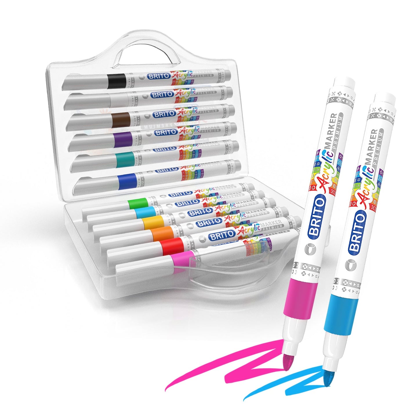 Mercury Brito Premium Acrylic Marker Set 12 Colors – Waterproof Paint Markers for Rock Painting, Canvas, Glass, Wood, Ceramic & DIY Art Crafts