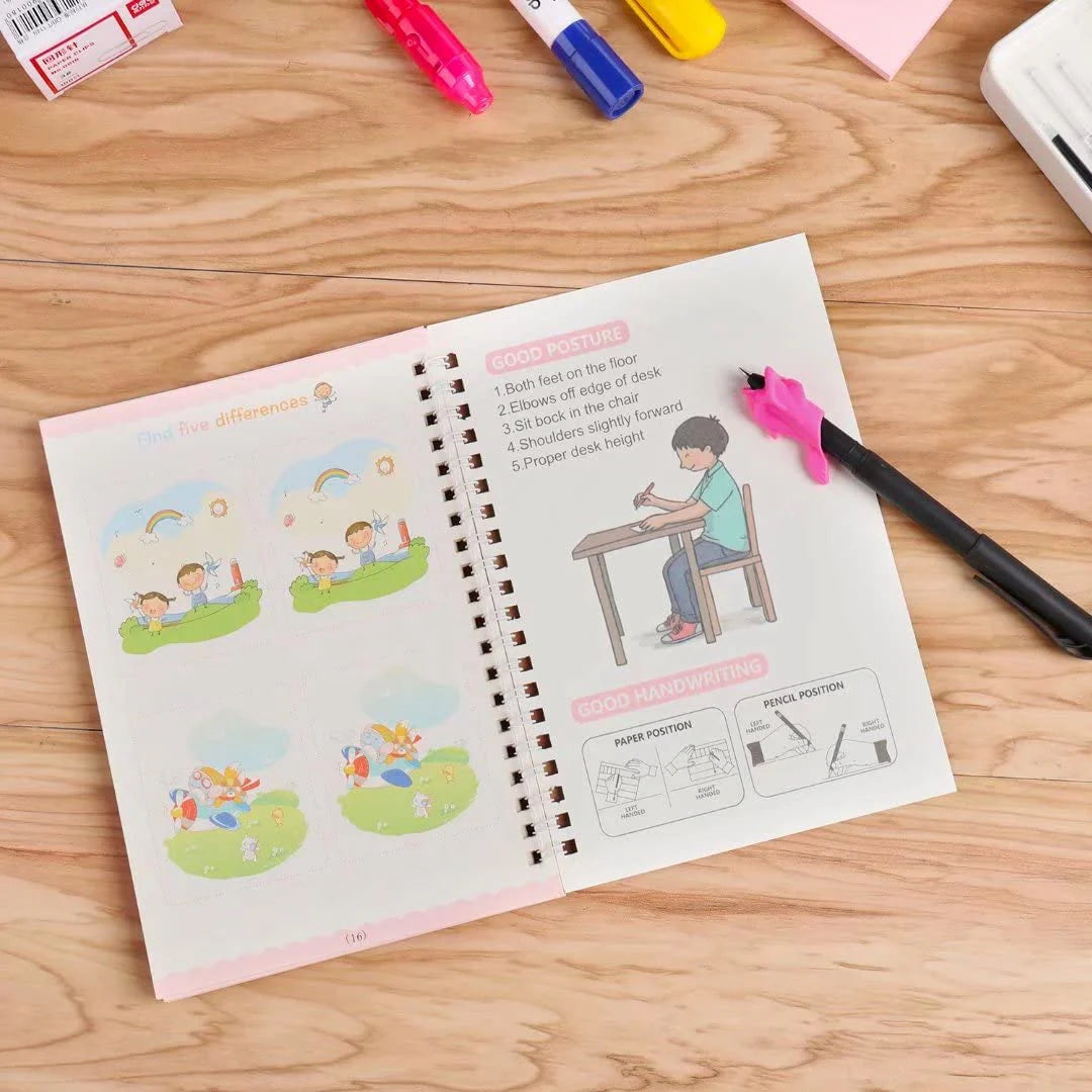 Magic Sank Book 4 Pcs Set + Magic Water Book Combo Set For Kids | Sank Tracing Books with Stylus Pen, 10 Refills & Grip + Reusable Water Coloring Book | Educational Drawing & Activity Royal Stationery Mart