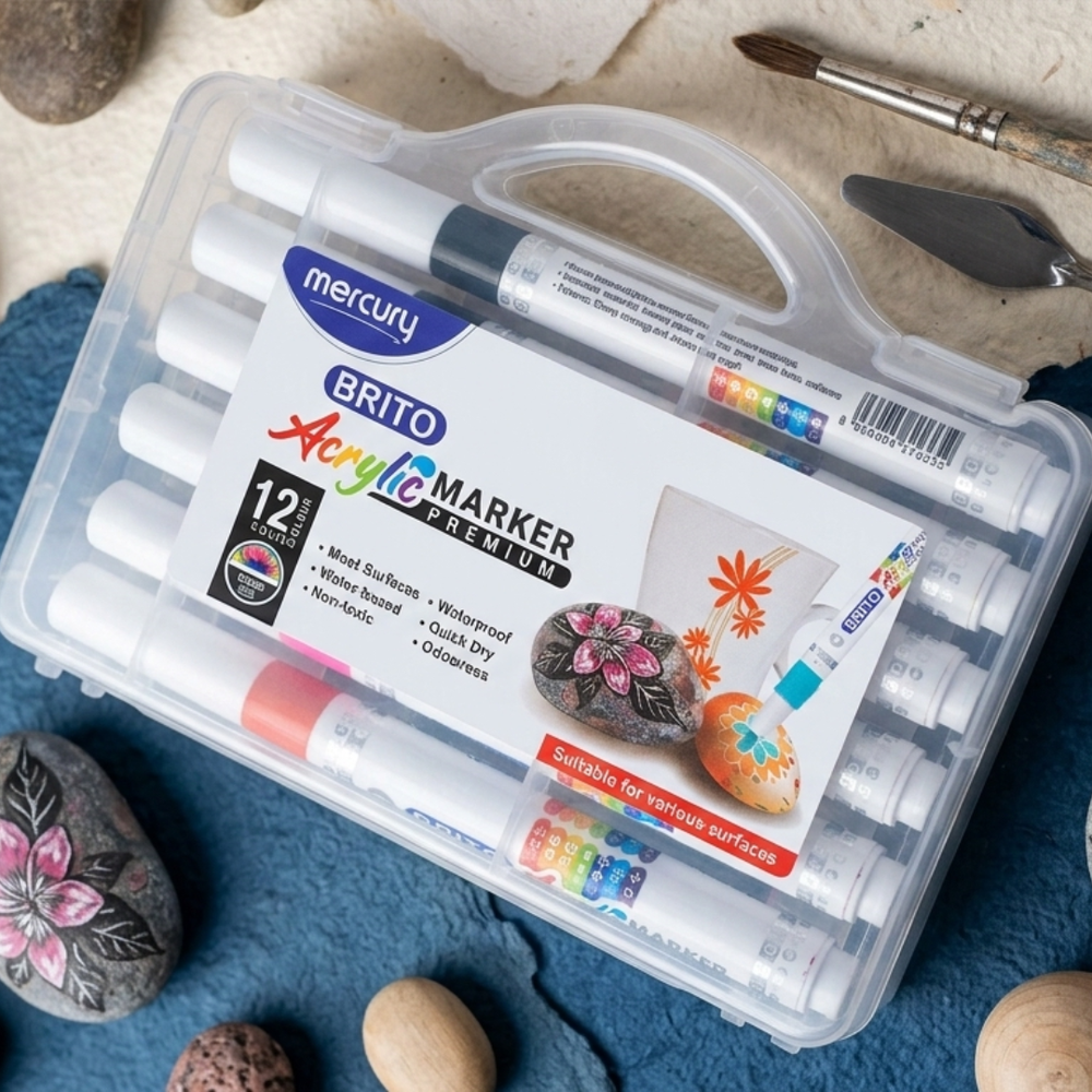 Mercury Brito Premium Acrylic Marker Set 12 Colors – Waterproof Paint Markers for Rock Painting, Canvas, Glass, Wood, Ceramic & DIY Art Crafts