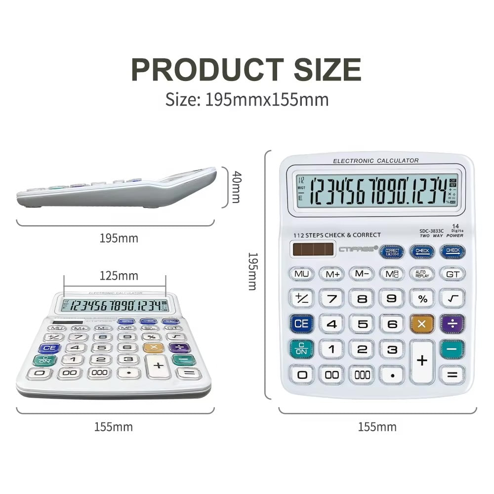 CTIFREE SDC-3833C Desktop Calculator Extra Large 14 Digit Display High Quality Office Calculator Dual Power Solar & Battery Check and Correct Function Heavy Duty Professional Calculator