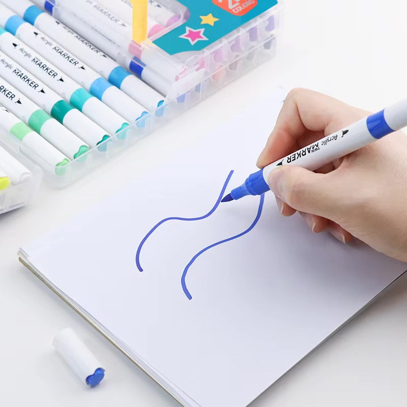18 Colors Dual Tip Acrylic Marker Set – Premium Twin Tip Paint Markers for Drawing, Calligraphy, Rock Painting, Canvas, Wood, Glass & DIY Art Projects