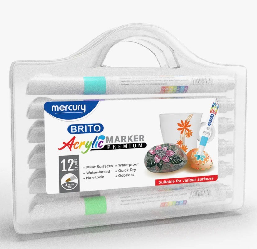 Mercury Brito Premium Acrylic Marker Set 12 Colors – Waterproof Paint Markers for Rock Painting, Canvas, Glass, Wood, Ceramic & DIY Art Crafts Royal Stationery Mart