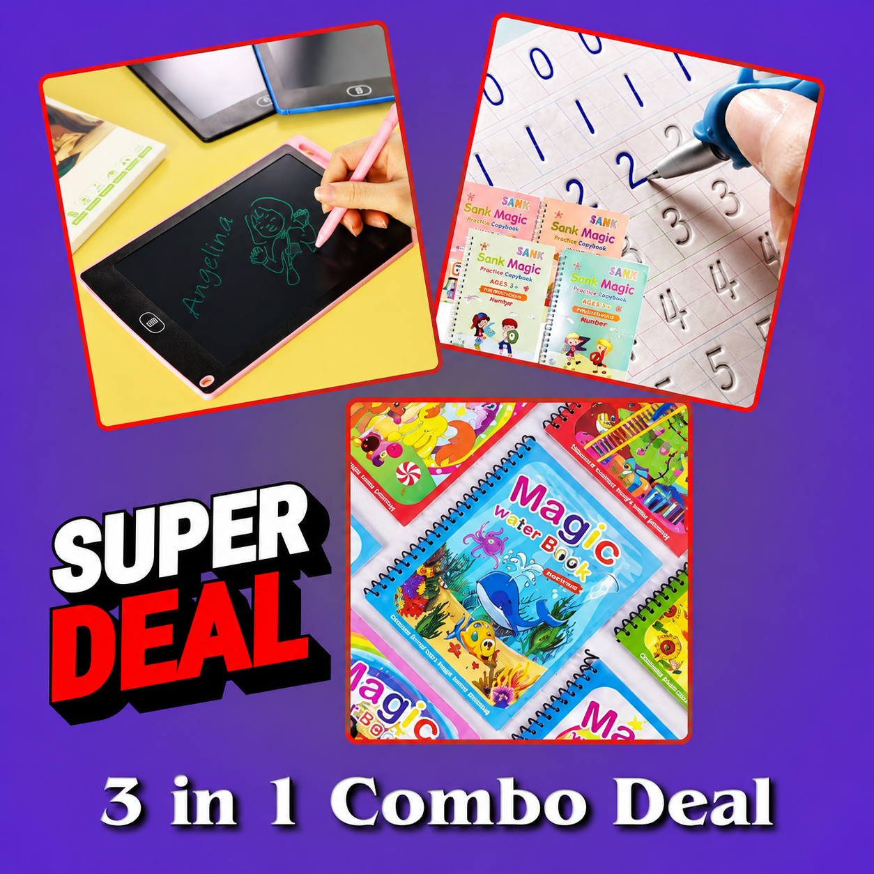 3 in 1 Kids Learning Combo Deal – LCD Writing Tablet + Sank Magic Practice Copybooks + Magic Water Coloring Book | Educational Learning Set for Kids