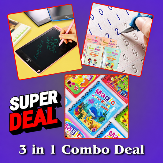 3 in 1 Kids Learning Combo Deal – LCD Writing Tablet + Sank Magic Practice Copybooks + Magic Water Coloring Book | Educational Learning Set for Kids Royal Stationery Mart
