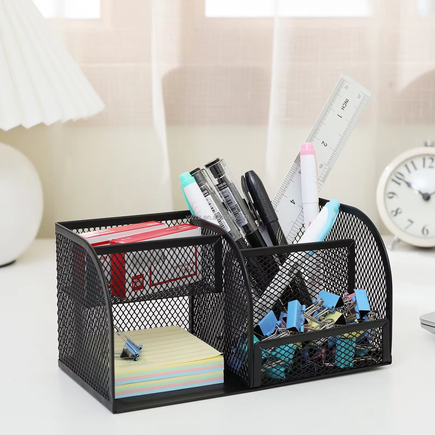 Metal Mesh Desk Organizer Pen Holder Multi Compartment Desktop Storage Box for Office School Home