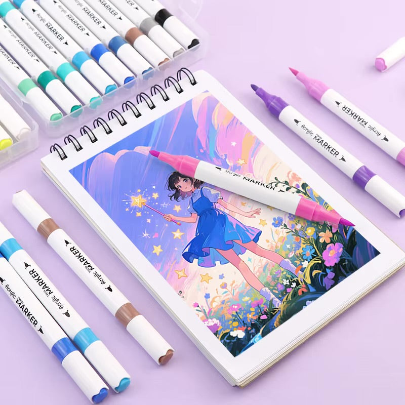 18 Colors Dual Tip Acrylic Marker Set – Premium Twin Tip Paint Markers for Drawing, Calligraphy, Rock Painting, Canvas, Wood, Glass & DIY Art Projects