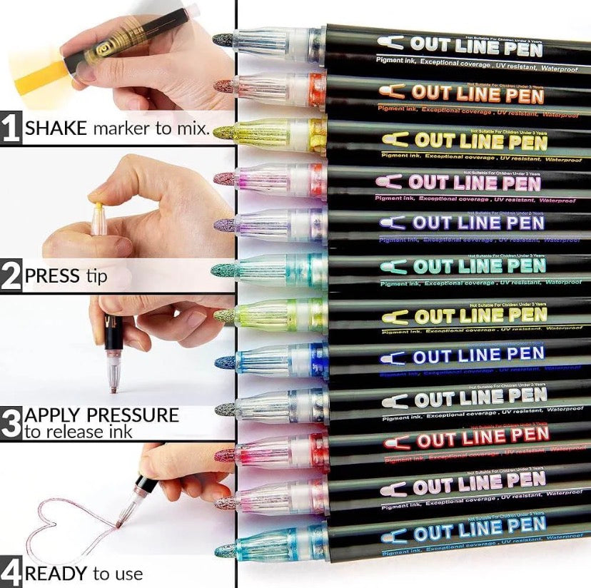12 Colour Outline Markers Set |Magic Contour Pens for Drawing, Sketching & Hand Lettering | Creative Art Pens for School Projects, Scrapbooking, Journaling & DIY Craft Design Royal Stationery Mart