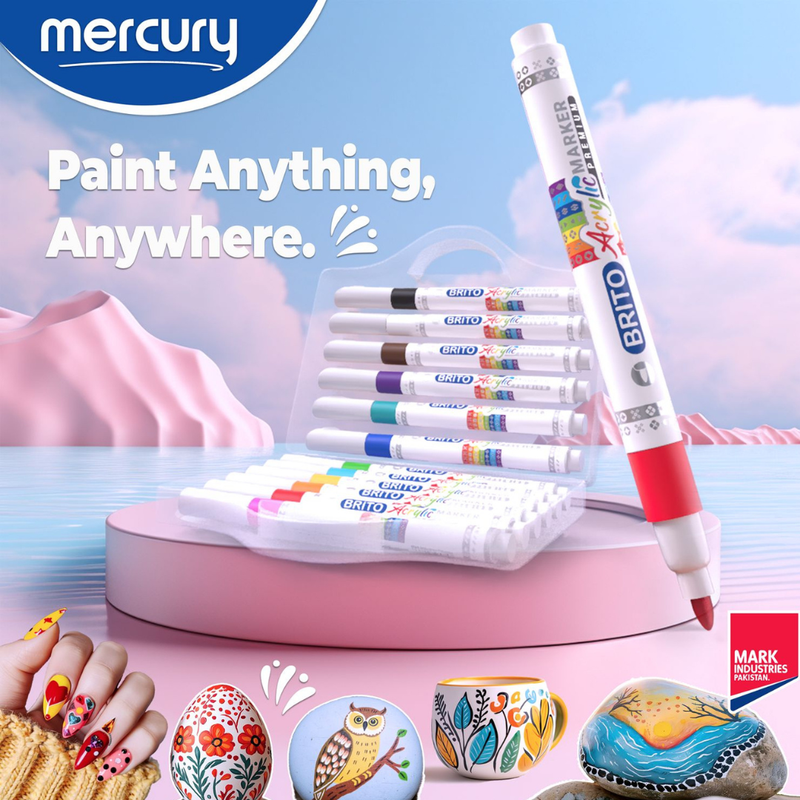 Mercury Brito Premium Acrylic Marker Set 12 Colors – Waterproof Paint Markers for Rock Painting, Canvas, Glass, Wood, Ceramic & DIY Art Crafts Royal Stationery Mart