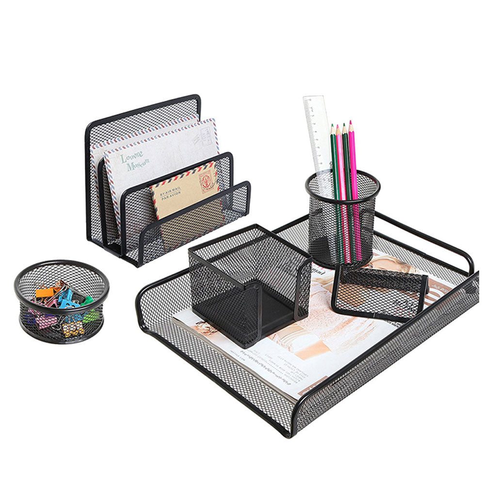Metal Mesh Desk Organizer Set | Office Desk Accessories Kit with File Holder, Pen Stand, Tray, Note Holder & Clips Cup | Durable Black Desktop Organizer for Home, Office & Study Table | DGG Company Desk Organizer 6 Pcs