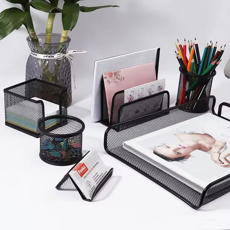 Metal Mesh Desk Organizer Set | Office Desk Accessories Kit with File Holder, Pen Stand, Tray, Note Holder & Clips Cup | Durable Black Desktop Organizer for Home, Office & Study Table | DGG Company Desk Organizer 6 Pcs