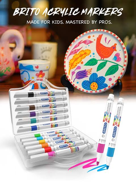 Mercury Brito Premium Acrylic Marker Set 12 Colors – Waterproof Paint Markers for Rock Painting, Canvas, Glass, Wood, Ceramic & DIY Art Crafts