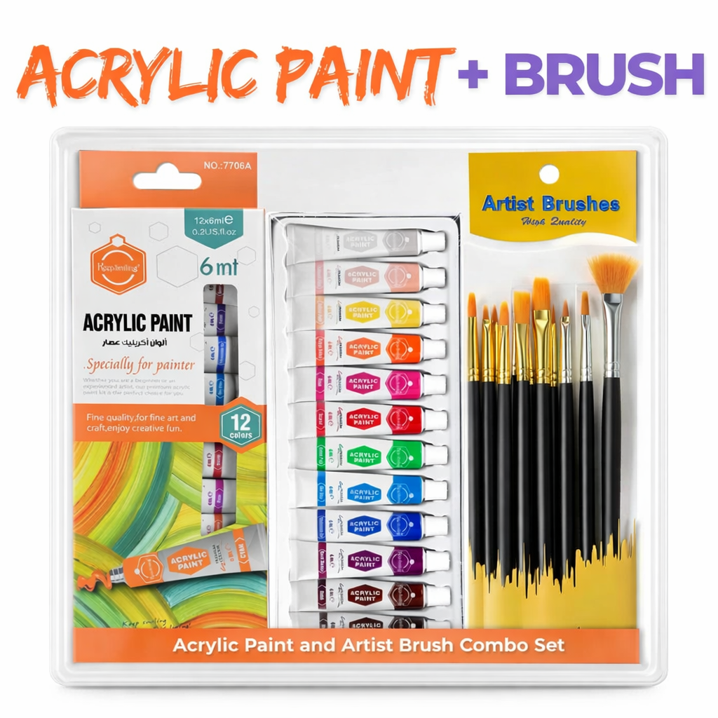 Acrylic Paint 12x6ML + Paint Brushes Bundle Royal Stationery Mart