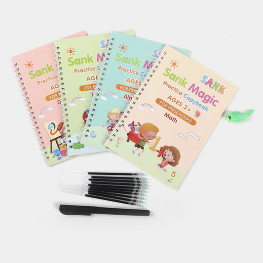 Magic Sank Book 4 Pcs Set for Kids | 4 Pieces Set With 1 Pen + 10 Refills + 1 Grip | Magic Sank Practice Copybook
