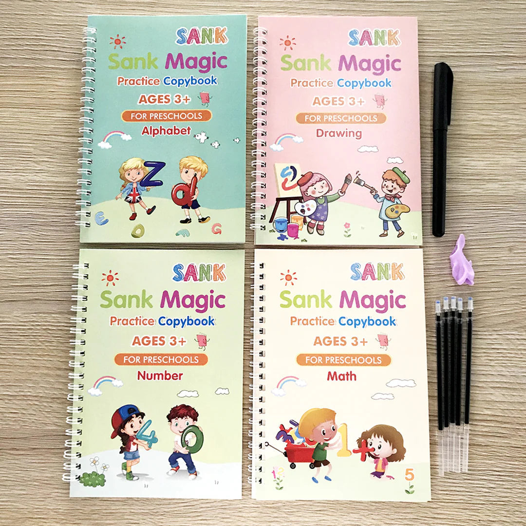 Magic Sank Book 4 Pcs Set + Magic Water Book Combo Set For Kids | Sank Tracing Books with Stylus Pen, 10 Refills & Grip + Reusable Water Coloring Book | Educational Drawing & Activity