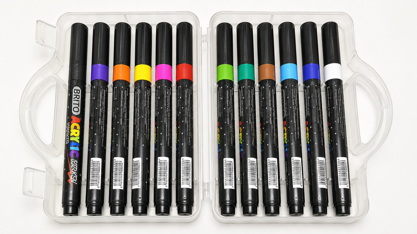 Mercury Brito Acrylic Brush Marker Set – Premium 12 Vibrant Colors | Waterproof Paint Markers for Canvas, Wood, Glass, Ceramic & DIY Art Projects