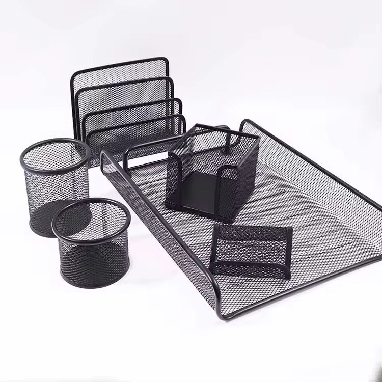 Metal Mesh Desk Organizer Set | Office Desk Accessories Kit with File Holder, Pen Stand, Tray, Note Holder & Clips Cup | Durable Black Desktop Organizer for Home, Office & Study Table | DGG Company Desk Organizer 6 Pcs
