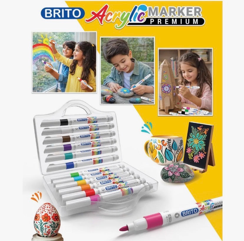Mercury Brito Premium Acrylic Marker Set 12 Colors – Waterproof Paint Markers for Rock Painting, Canvas, Glass, Wood, Ceramic & DIY Art Crafts Royal Stationery Mart