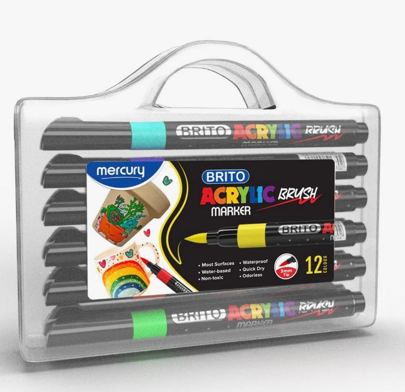 Mercury Brito Acrylic Brush Marker Set – Premium 12 Vibrant Colors | Waterproof Paint Markers for Canvas, Wood, Glass, Ceramic & DIY Art Projects Royal Stationery Mart