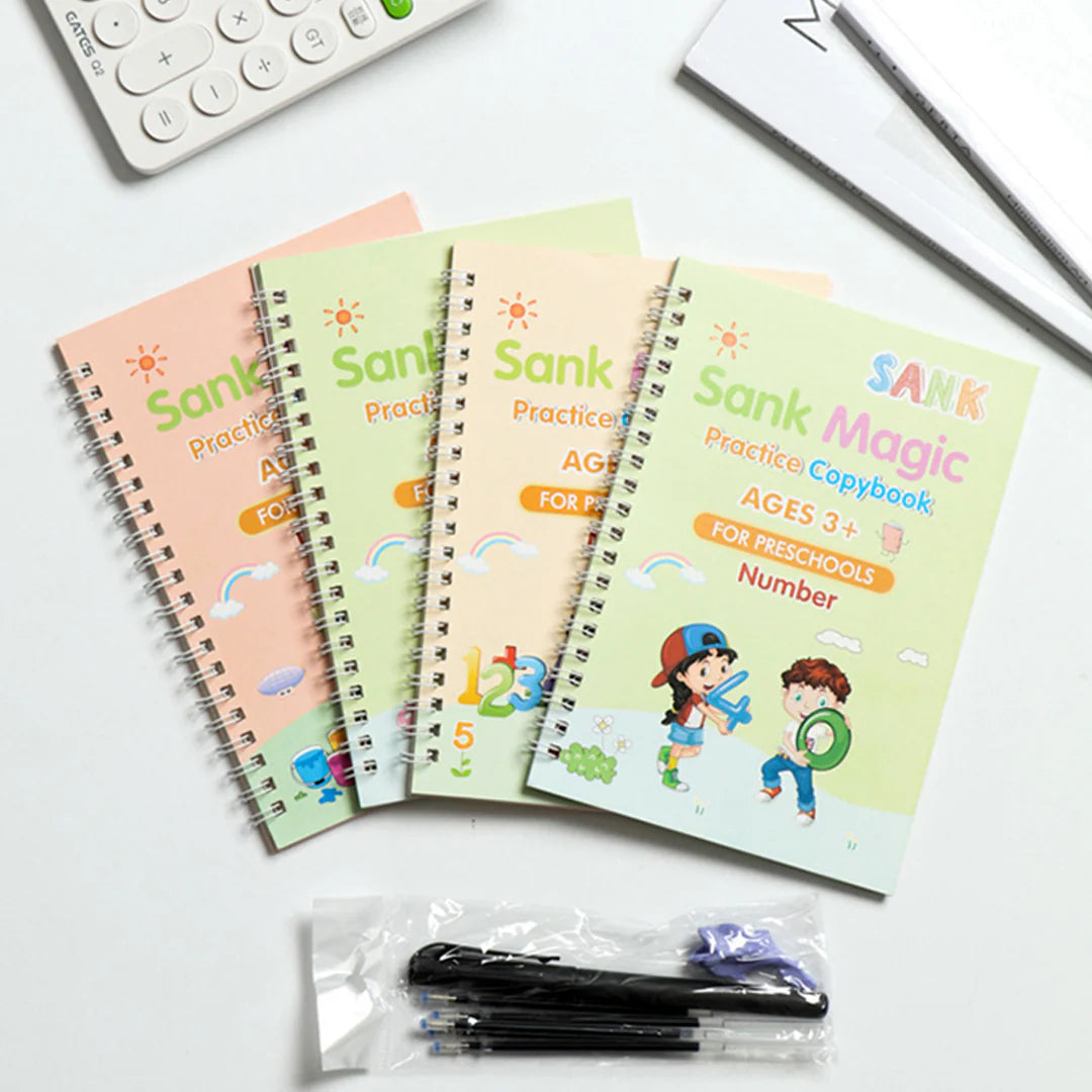 Magic Sank Book 4 Pcs Set + Magic Water Book Combo Set For Kids | Sank Tracing Books with Stylus Pen, 10 Refills & Grip + Reusable Water Coloring Book | Educational Drawing & Activity