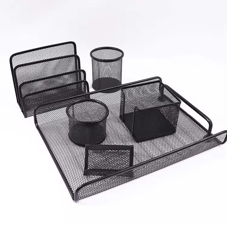 Metal Mesh Desk Organizer Set | Office Desk Accessories Kit with File Holder, Pen Stand, Tray, Note Holder & Clips Cup | Durable Black Desktop Organizer for Home, Office & Study Table | DGG Company Desk Organizer 6 Pcs