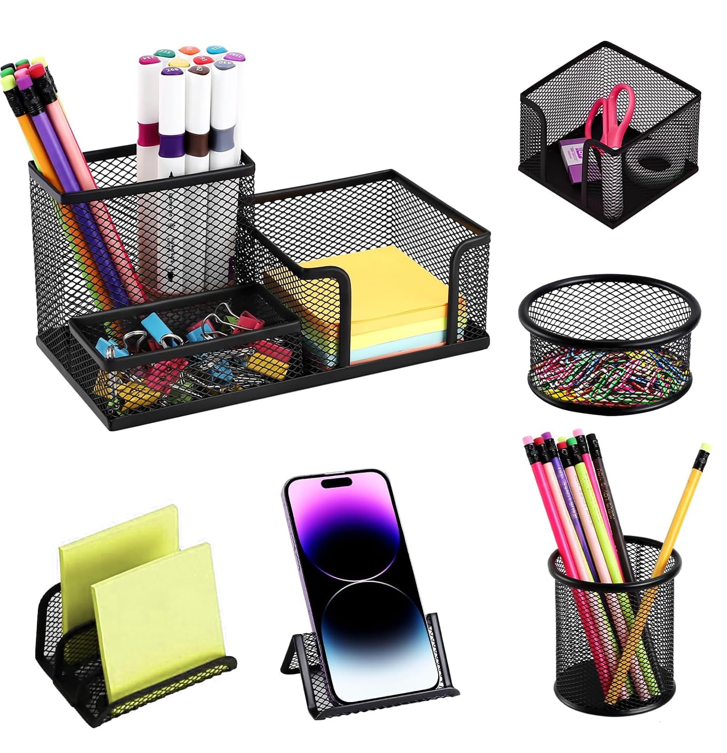 Metal Mesh Desk Organizer Set | Office Desk Accessories Kit with File Holder, Pen Stand, Tray, Note Holder & Clips Cup | Durable Black Desktop Organizer for Home, Office & Study Table | DGG Company Desk Organizer 6 Pcs