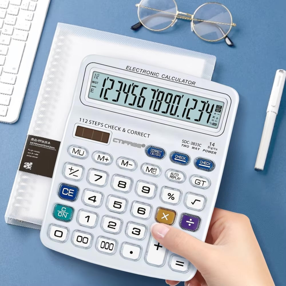 CTIFREE SDC-3833C Desktop Calculator Extra Large 14 Digit Display High Quality Office Calculator Dual Power Solar & Battery Check and Correct Function Heavy Duty Professional Calculator