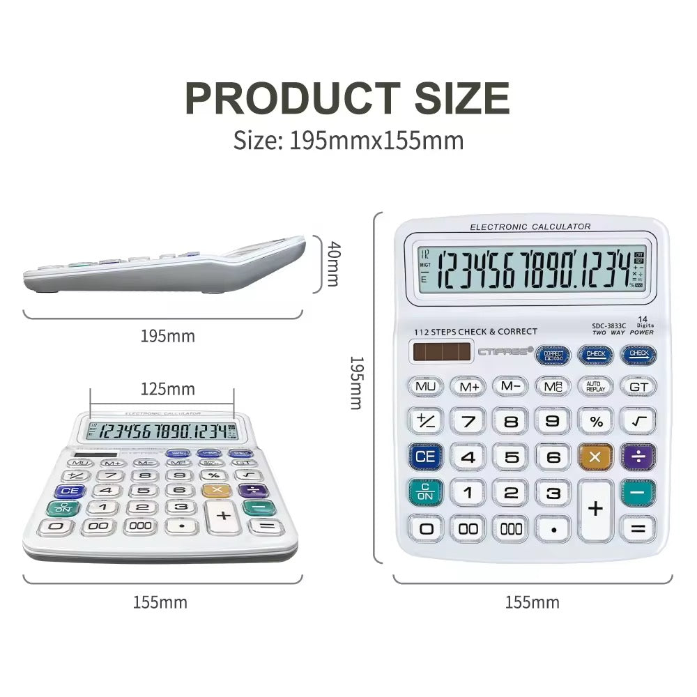 CTIFREE SDC-3833C Desktop Calculator Extra Large 14 Digit Display High Quality Office Calculator Dual Power Solar & Battery Check and Correct Function Heavy Duty Professional Calculator Royal Stationery Mart