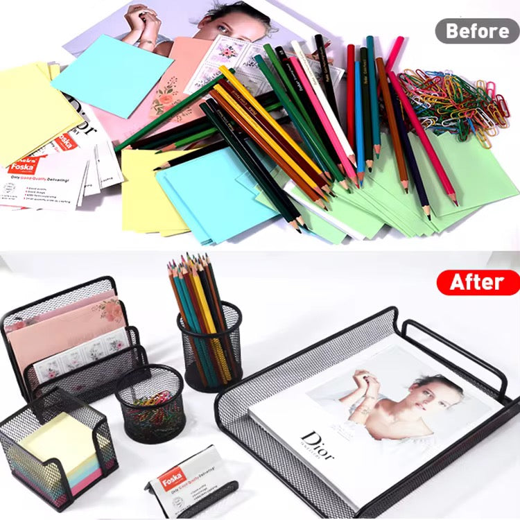 Metal Mesh Desk Organizer Set | Office Desk Accessories Kit with File Holder, Pen Stand, Tray, Note Holder & Clips Cup | Durable Black Desktop Organizer for Home, Office & Study Table | DGG Company Desk Organizer 6 Pcs
