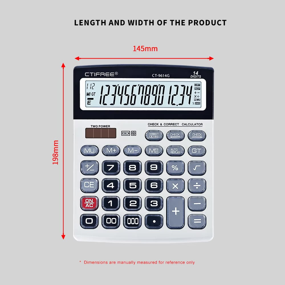 CTIFREE CT-9614G 14 Digit Desktop Business Calculator with Check & Correct Dual Power Large Display Office Calculator