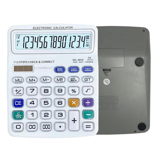 CTIFREE SDC-3833C Desktop Calculator Extra Large 14 Digit Display High Quality Office Calculator Dual Power Solar & Battery Check and Correct Function Heavy Duty Professional Calculator