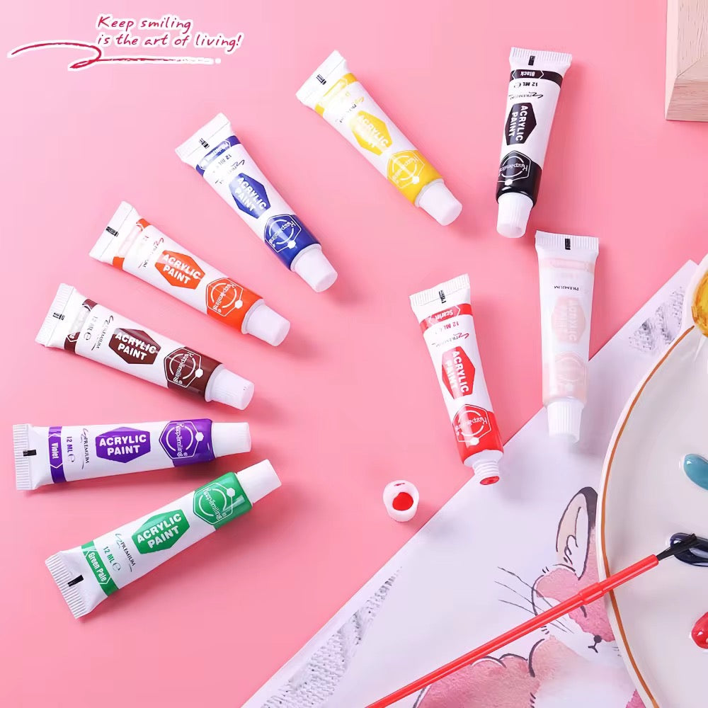 Acrylic Paint 12x6ML + Paint Brushes Bundle Royal Stationery Mart