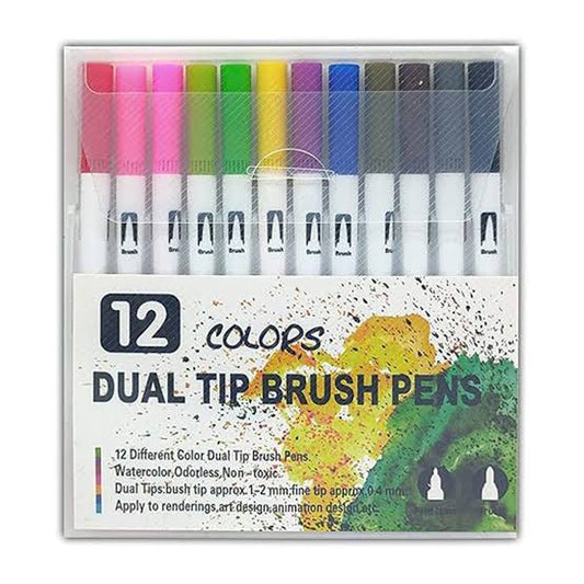 12 Colour Dual Tip Brush Pens Set | Fine Tip + Brush Tip Art Markers for Calligraphy, Hand Lettering, Sketching & Coloring | Smooth Ink Flow Vibrant Water-Based Creative Pens for School Projects