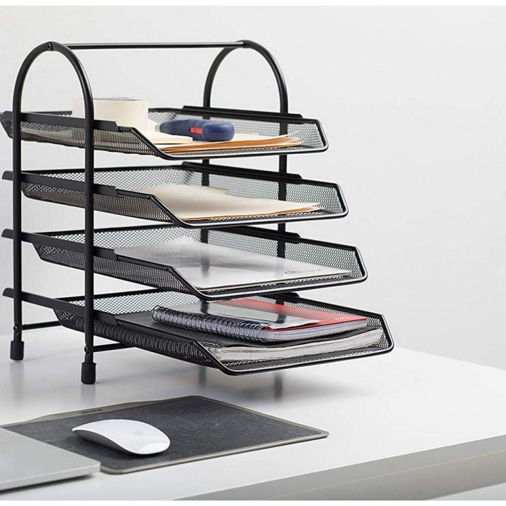 Metal Mesh Office Tray | File Holder Rack with Black Coating, Rubber Feet & Strong Frame | Office Desk Paper Organizer for A4 Files, Documents & Accessories