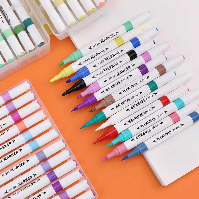 18 Colors Dual Tip Acrylic Marker Set – Premium Twin Tip Paint Markers for Drawing, Calligraphy, Rock Painting, Canvas, Wood, Glass & DIY Art Projects