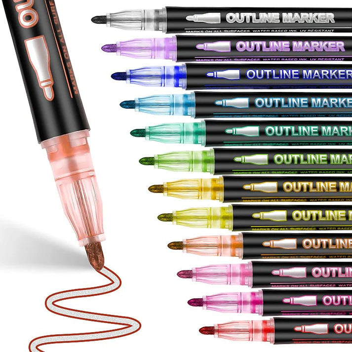 12 Colour Outline Markers Set |Magic Contour Pens for Drawing, Sketching & Hand Lettering | Creative Art Pens for School Projects, Scrapbooking, Journaling & DIY Craft Design Royal Stationery Mart